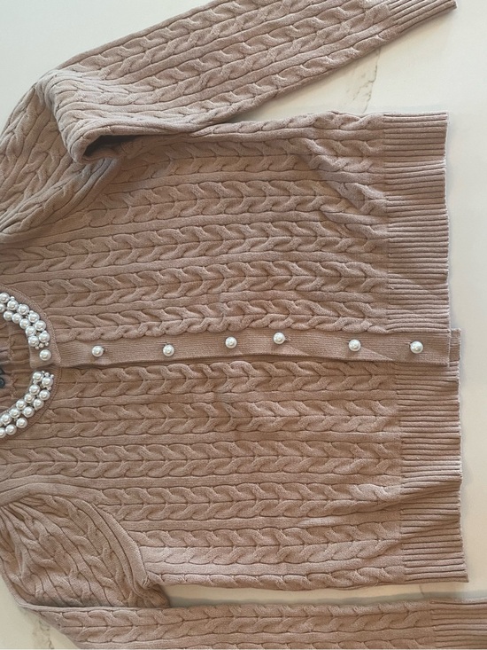Adrianna Papell Sweaters - Adrianna Papell Taupe Cable Knit Pearl Button Cardigan